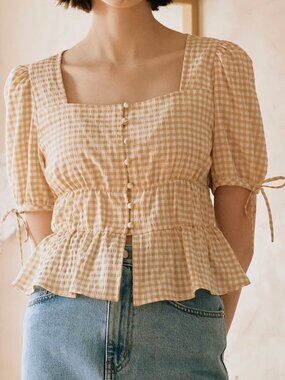 Gingham Square-Neck Blouse with Short Puff Sleeves